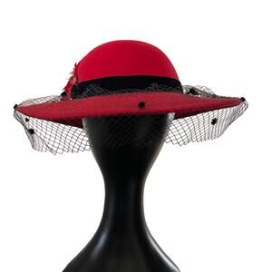 Vintage Red Wool Felt Cartwheel Hat with Feather and Dot Net Fascinator